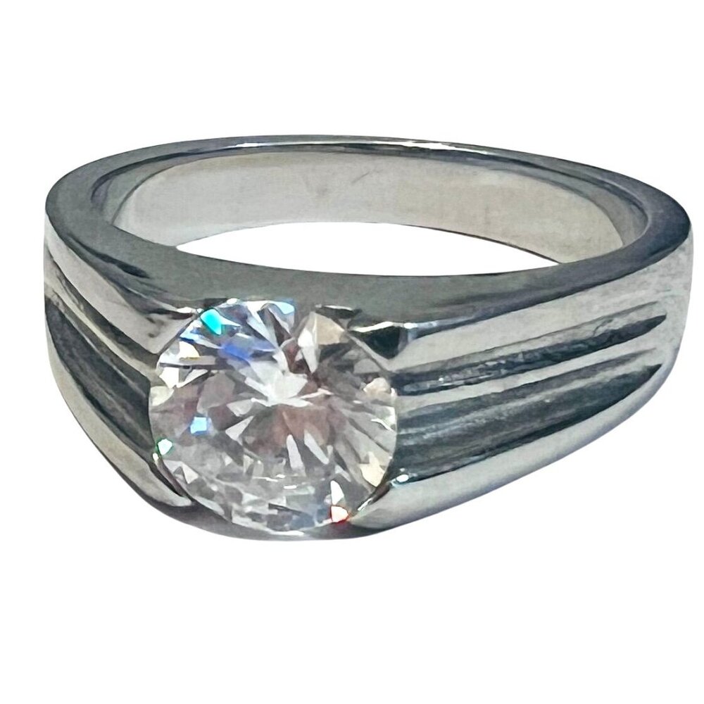 Unisex Stainless Steel Ring Band TK316 Cubic Zirconia Sz 8‎ Wedding Promise Bold